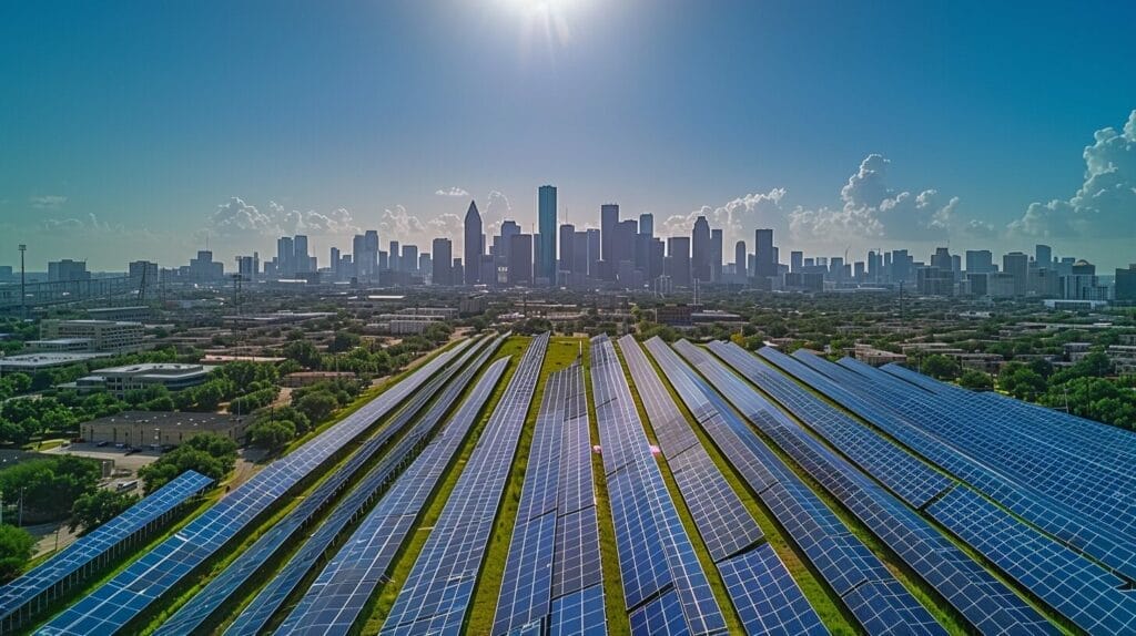 Rows of solar panels on a Houston rooftop under a sunny sky, city skyline in the background.