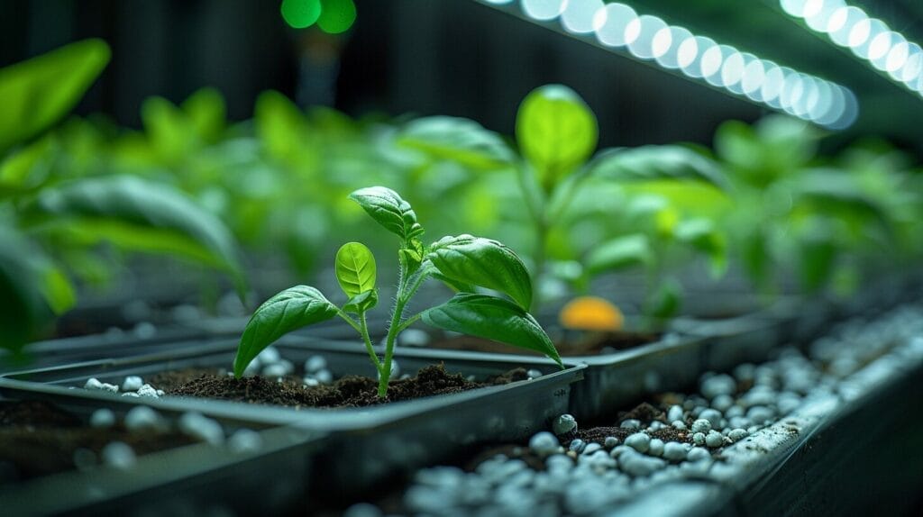 Seedlings under grow lights with timer and thermometer