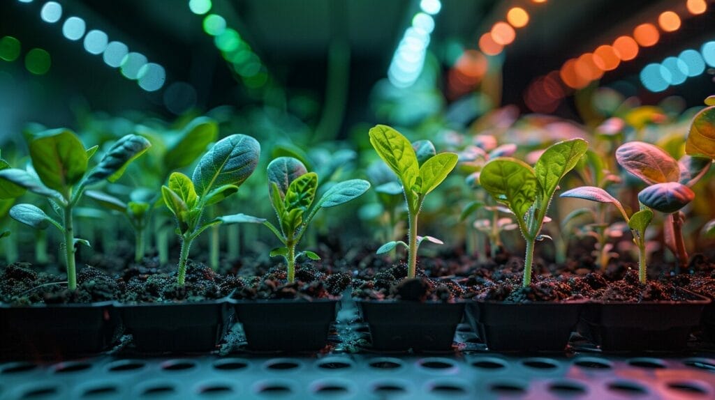 Seedlings under multicolored grow lights
