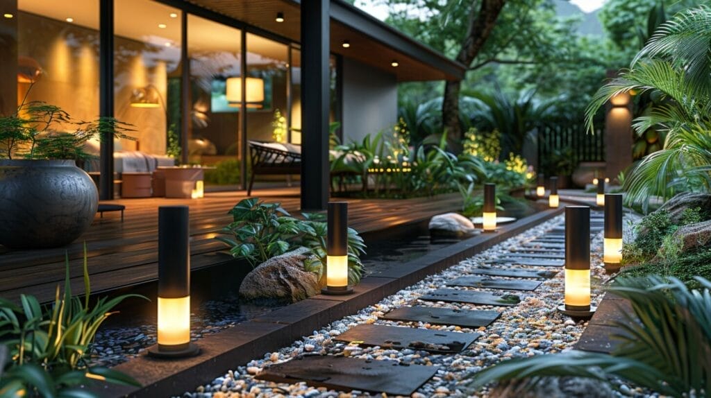 Serene backyard at night, enhanced by modern outdoor motion sensor lights for security and ambiance.