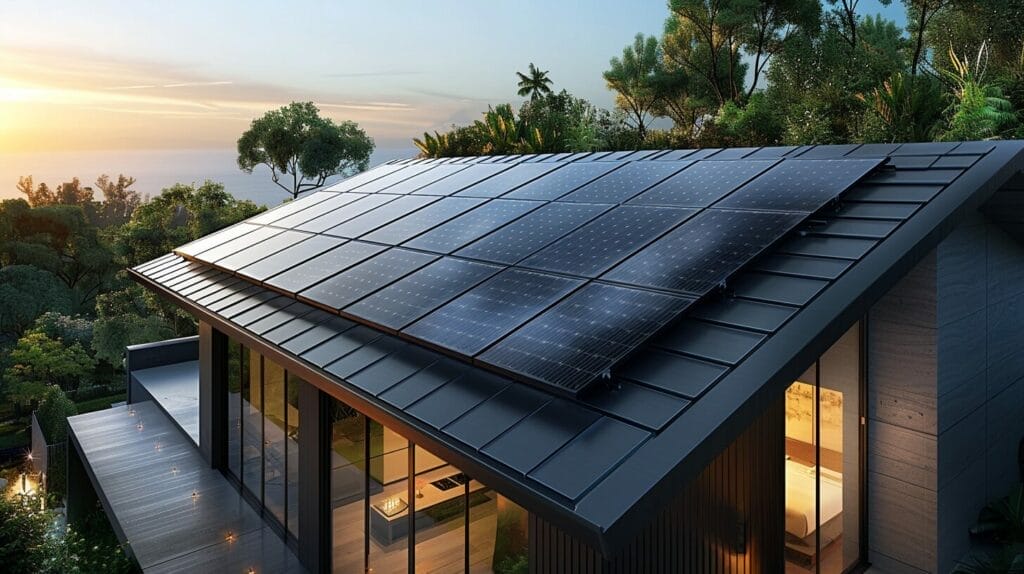 Sleek black monocrystalline solar panel seamlessly integrated into a standing seam metal roof