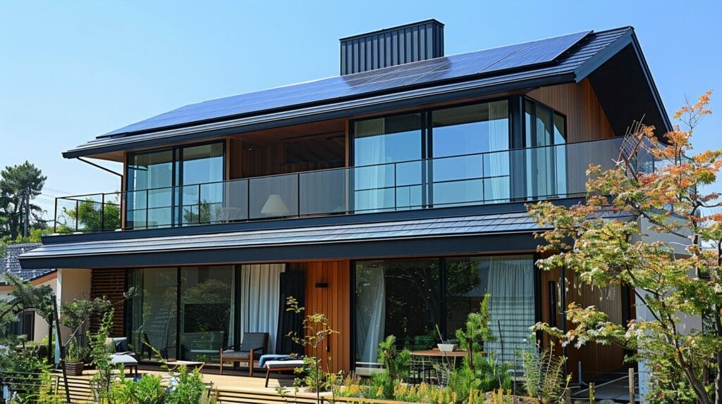 Sleek black solar panels on rooftop, surrounded by green trees, reflecting sunlight.