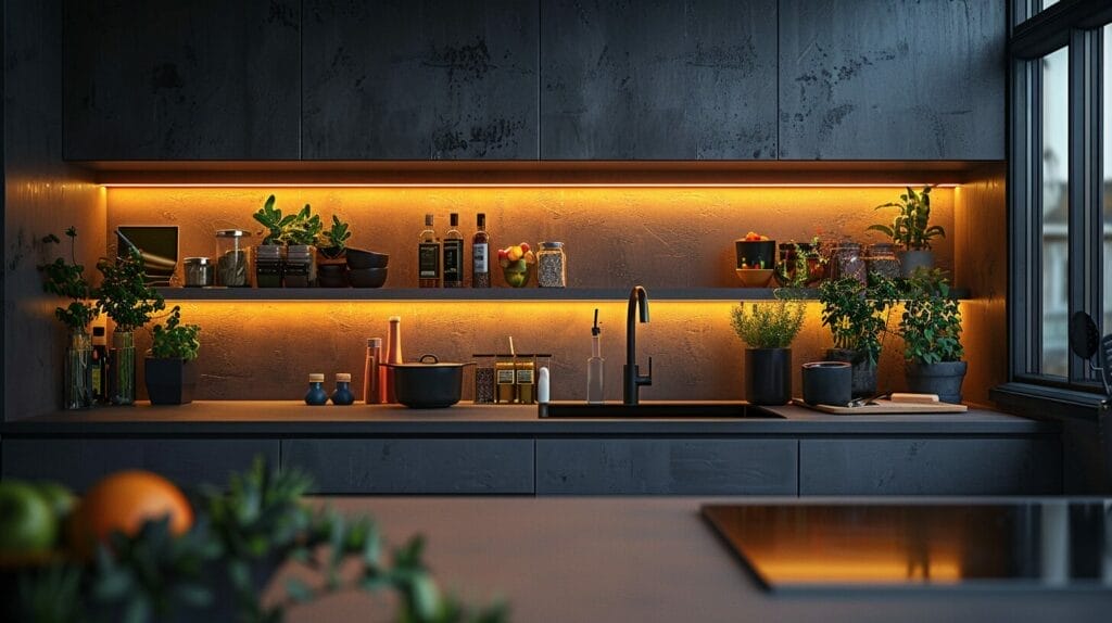 Sleek, modern LED motion sensor cabinet light emitting a warm glow in a dark kitchen, illuminating the cabinet contents.