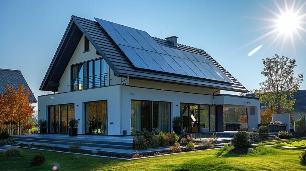 Sleek, modern home with a Tesla Solar Roof under the sun.