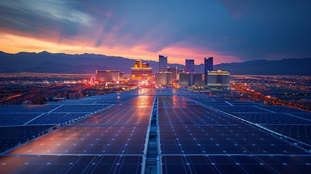Sleek solar panel installation on Las Vegas rooftop with city lights in the background and panels angled for maximum sunlight.