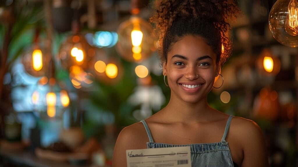 Smiling customer with receipt among inviting lighting fixtures.