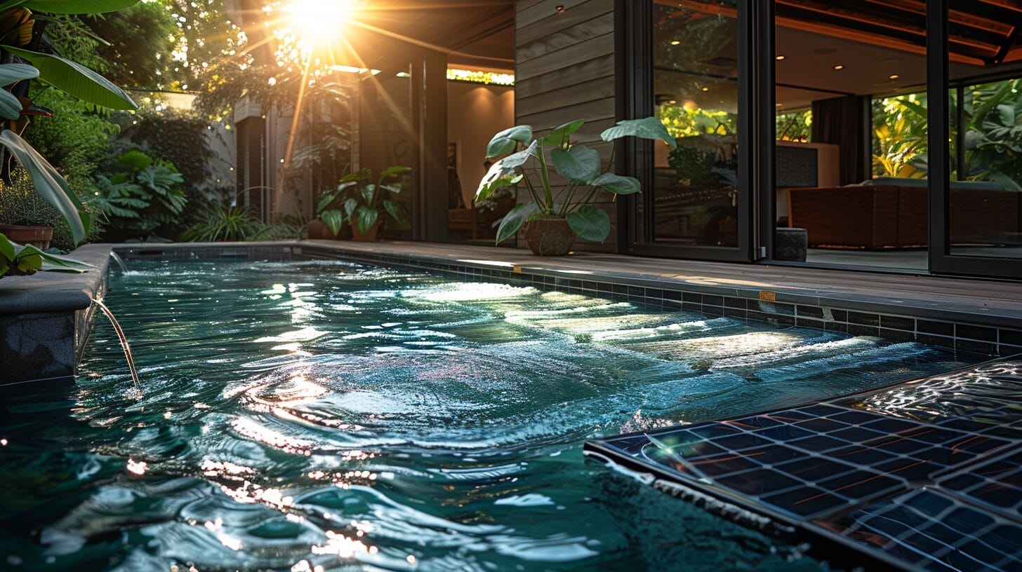 Solar panel heaters installed next to a pool, absorbing sunlight and heating the water.