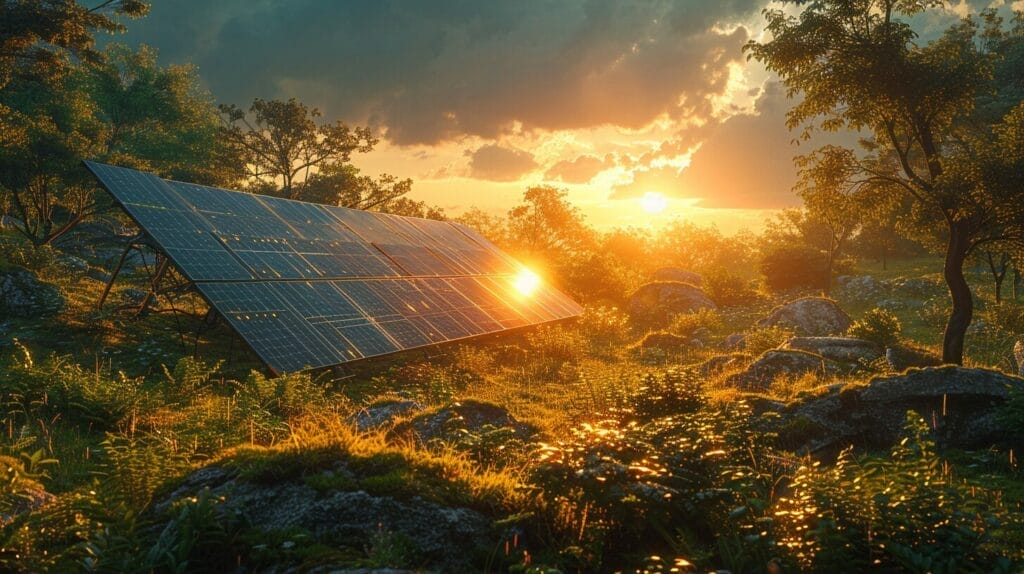 Solar panels in nature, with symbols of environmental pollution and habitat disruption