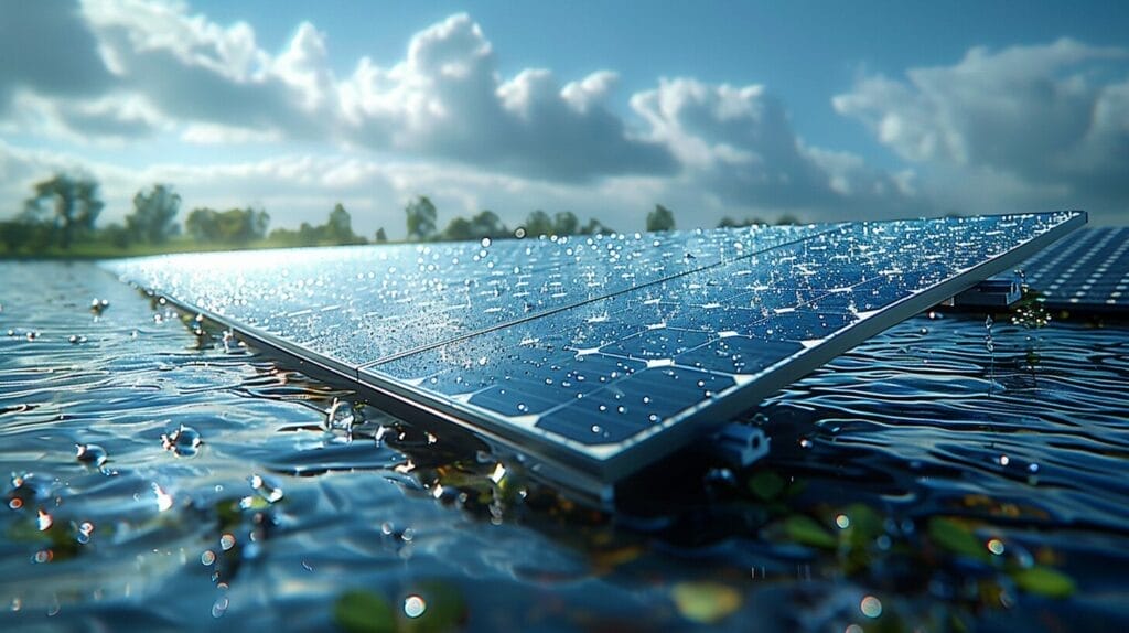 Solar panels under a sturdy, transparent shield deflecting hailstones, remaining intact.