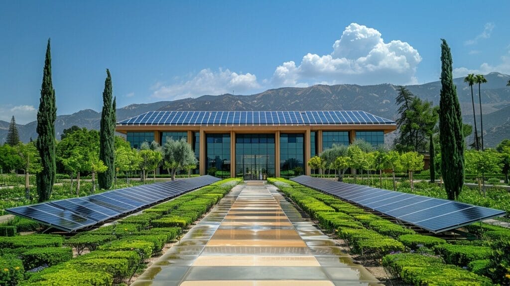 State building with solar panels, symbolizing clean energy incentives.