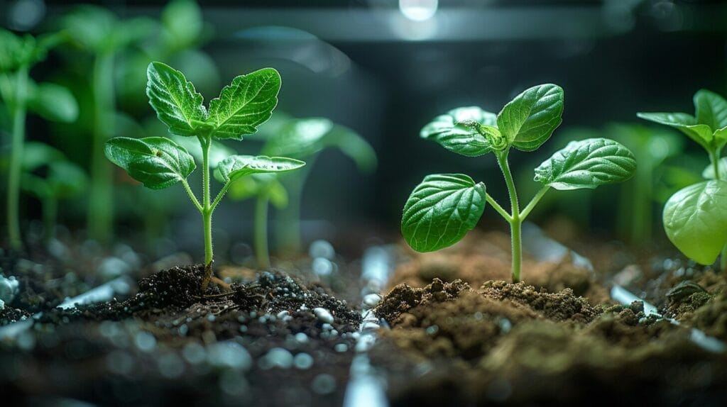 Stretched vs. healthy seedling under grow lights