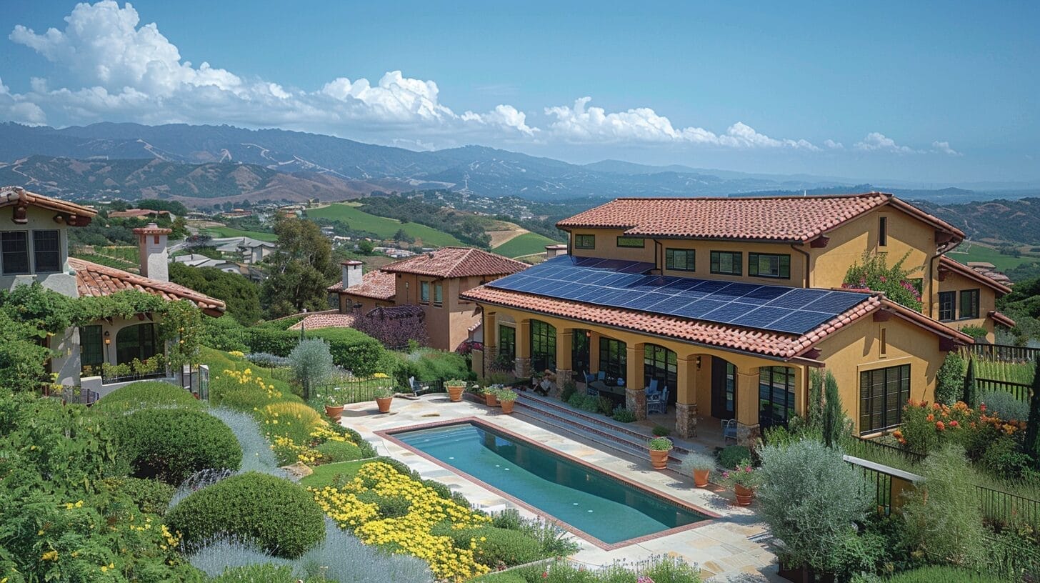 Sunny California landscape, home with solar panels, price tag overlay.