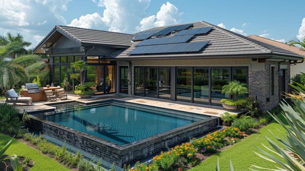 Sunny Florida landscape with new solar panels on a rooftop and a diverse group exploring options.