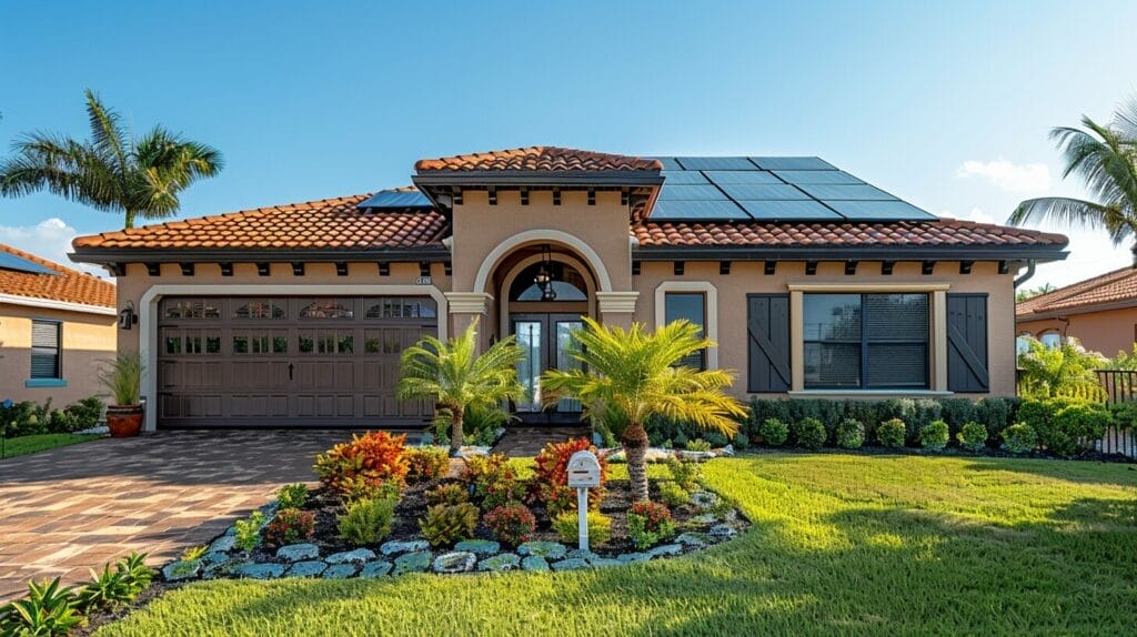 Sunny Florida rooftop with solar panels, palm trees, and a homeowner smiling with a tax rebate check.