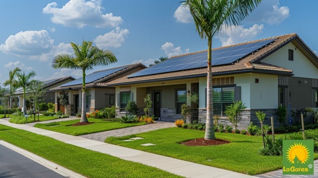 Sunny Florida rooftop with various solar panel options and a happy family, featuring company logos.