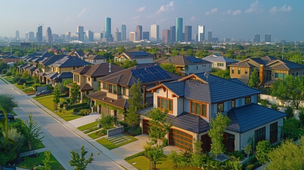 Sunny Houston skyline with solar-panelled rooftops, and a comparison of electricity bills showcasing potential savings.