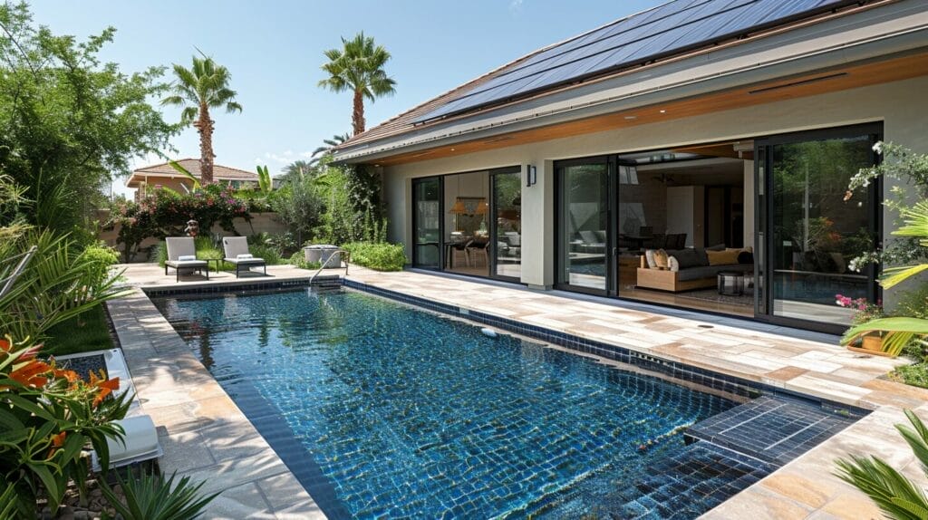 Sunny backyard featuring a swimming pool with solar panel heaters, emphasizing their eco-friendly and cost-efficient benefits.