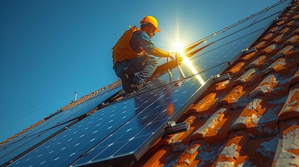 Technician installing solar panels on roof with sunny background.