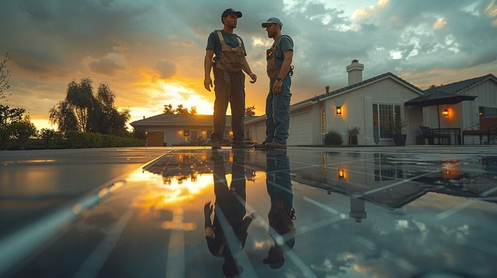 Technicians installing Tesla solar panels on a rooftop.