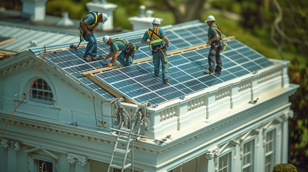 Technicians installing solar panels on White House.