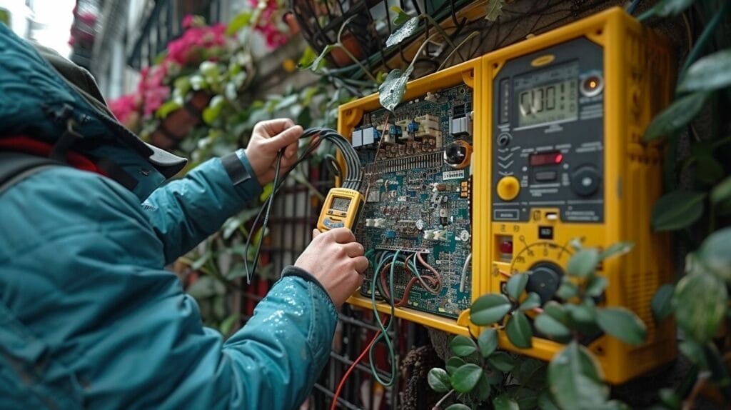 Testing outdoor light installation with voltage tester and multimeter.