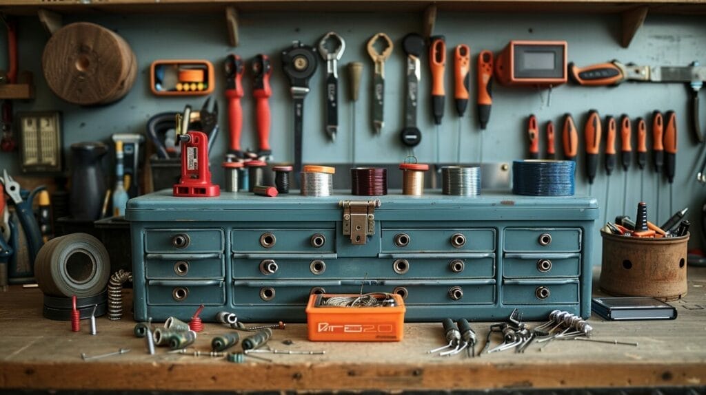 Toolbox with wiring tools on workbench.