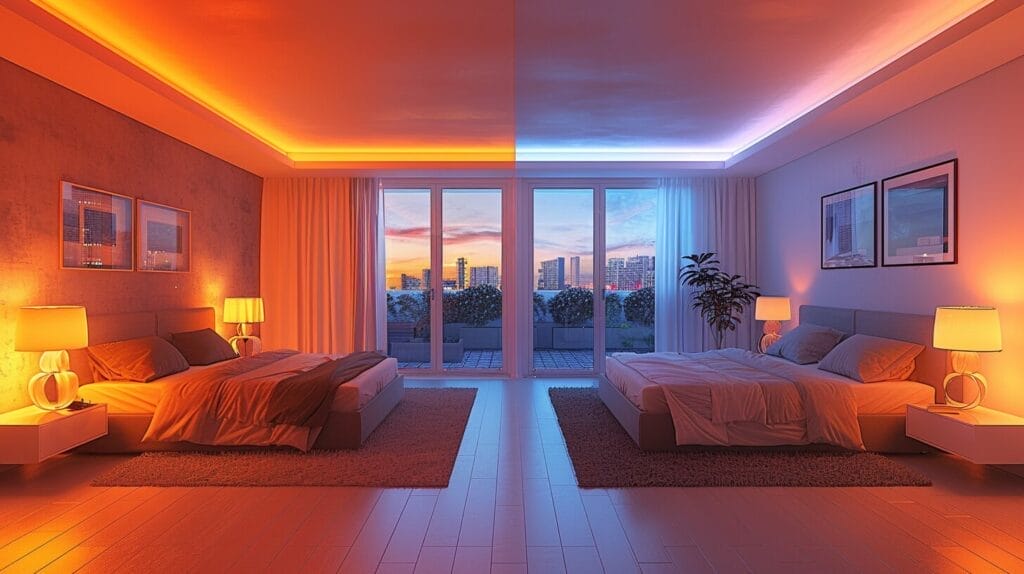 Two identical rooms comparing warm and cool toned fluorescent lighting ambiance.