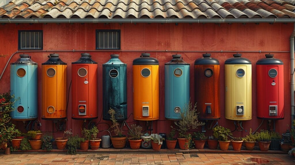 Types of solar water heaters for homes with labels.