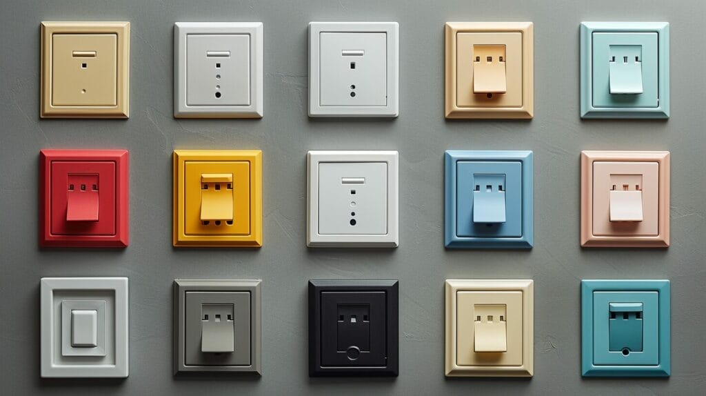Variety of light switch covers in different sizes and styles on neutral background.