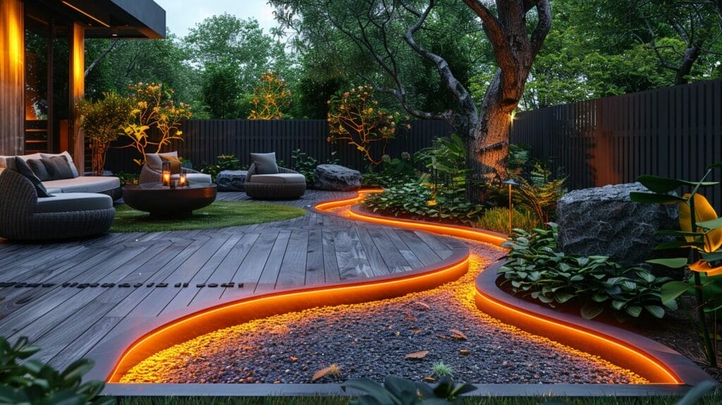 Vibrant backyard patio with rope lights on trees, garden beds, and cozy seating area.