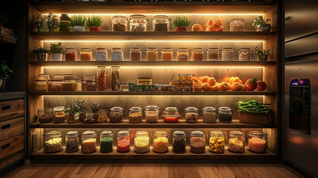 Well-lit pantry with LED lights, neatly organized items, and motion sensor light.
