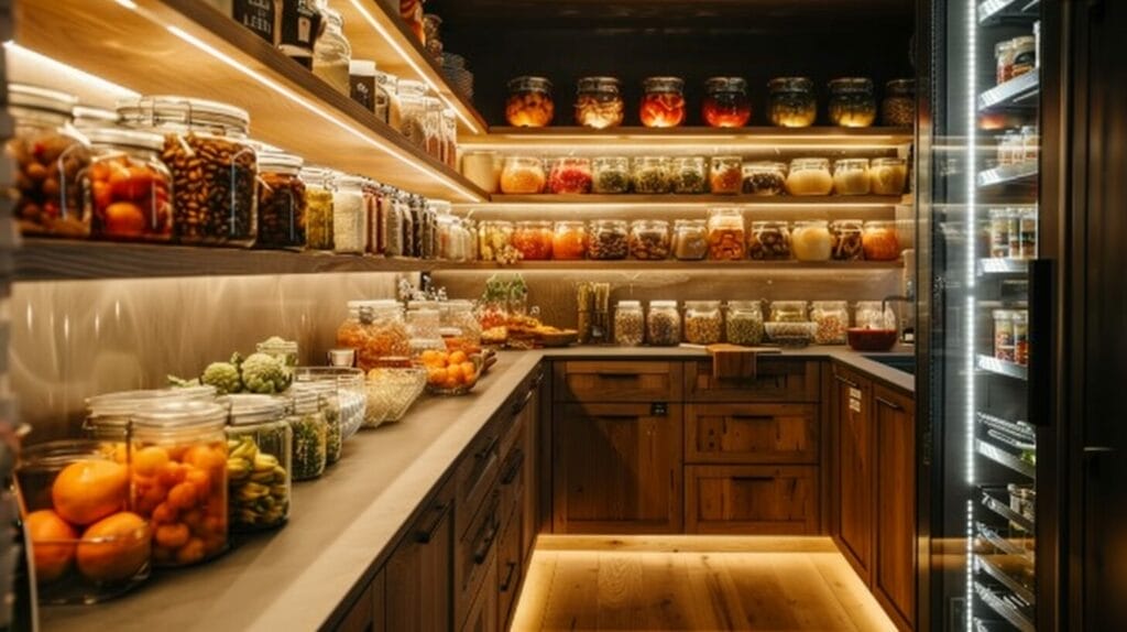 Well-lit pantry with LED strip and motion sensor lights highlighting organized items.