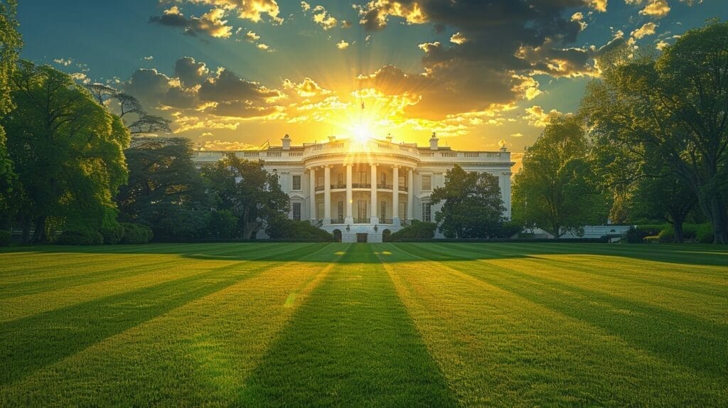 White House with solar panels, greenery, blue skies
