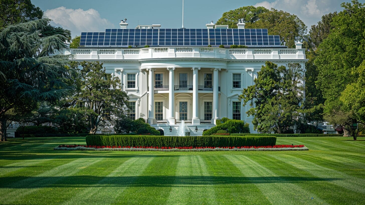 White House with solar panels in sunlight