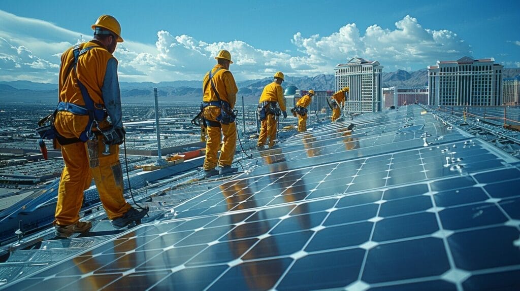 Workers installing solar panels on a Las Vegas rooftop under blue skies with city skyline in background.