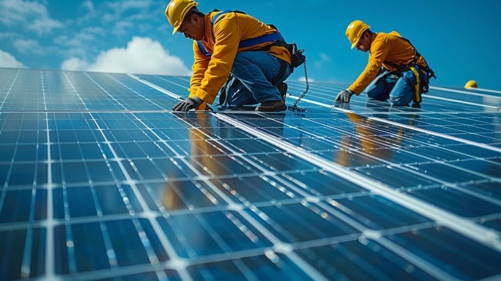 Workers installing solar panels on rooftop, clear blue sky.