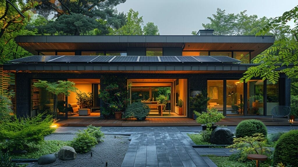 a house with one side covered in solar panel tiles, and the other side in traditional asphalt shingles.
