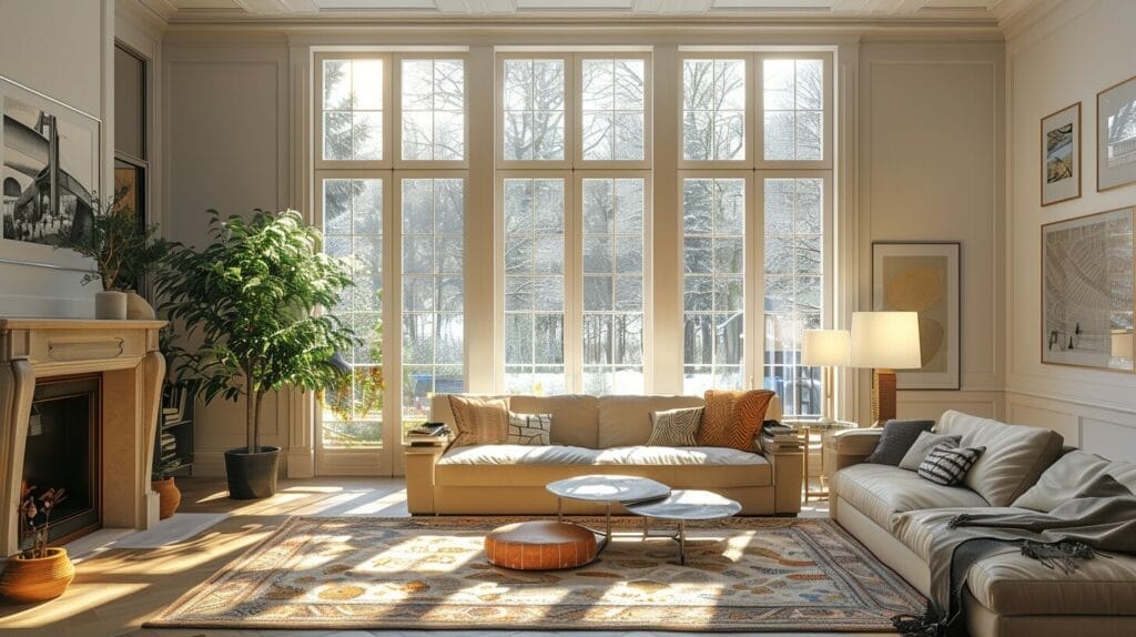 right and airy living room with low ceiling, natural light from windows, and additional floor and table lamps.