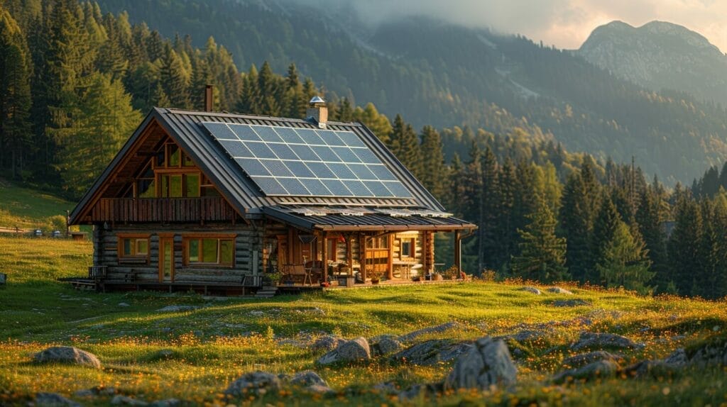 solar panels on remote cabin in mountains