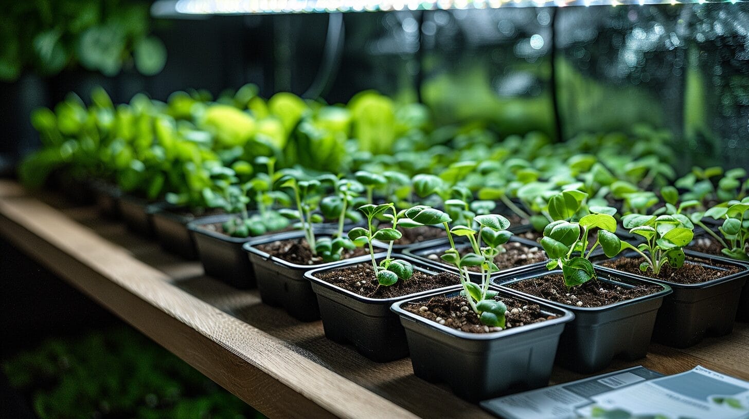 variety of seedlings under a set of grow lights