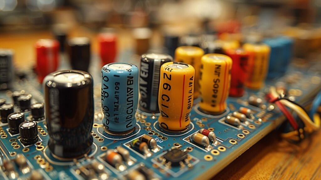 Close-up 5V LED circuit, resistors, glowing LED, multimeter, color code chart.