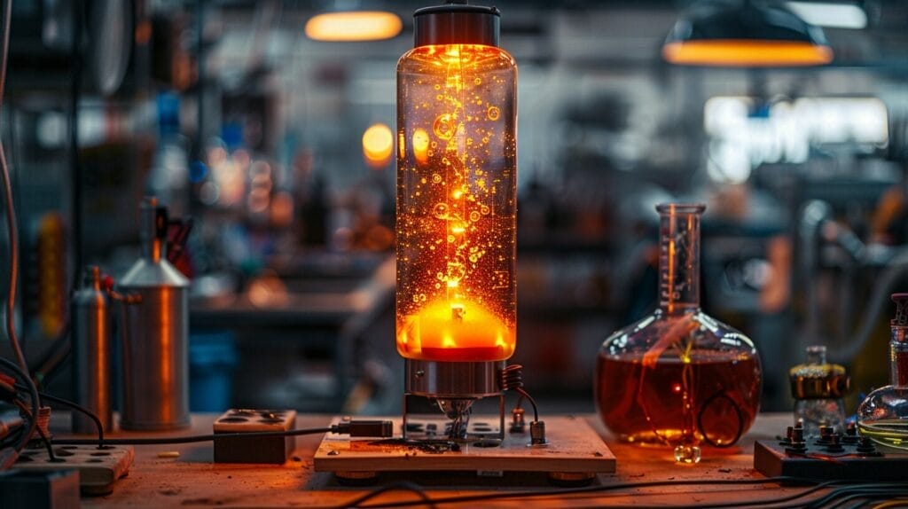 A DIY lava lamp with unstable bubbling, precarious wires, and a cluttered table with spilled chemicals, displaying potential hazards.