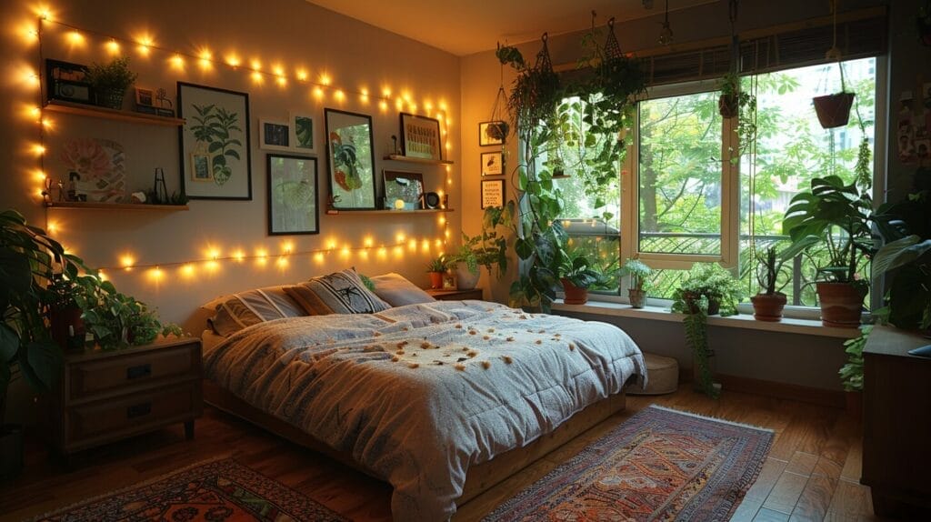 A cozy bedroom with string lights creating patterns on the walls, accompanied by plants and framed photos.