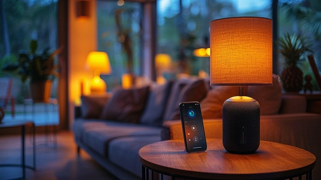 A cozy living room with a modern lamp emitting a warm glow from a smart bulb, an Amazon Echo on a side table