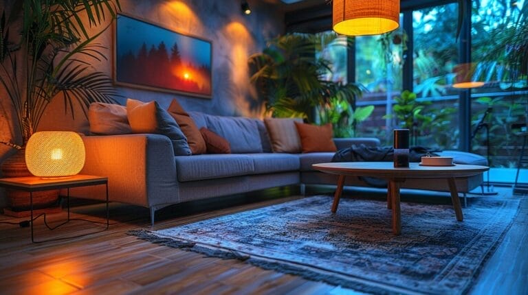 A cozy living room with modern decor, featuring a smart light bulb in a stylish lamp, an Amazon Echo device on a sleek coffee table