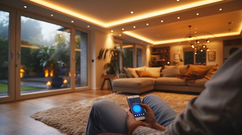 A cozy living room with modern smart light bulbs, a person holding an Alexa device