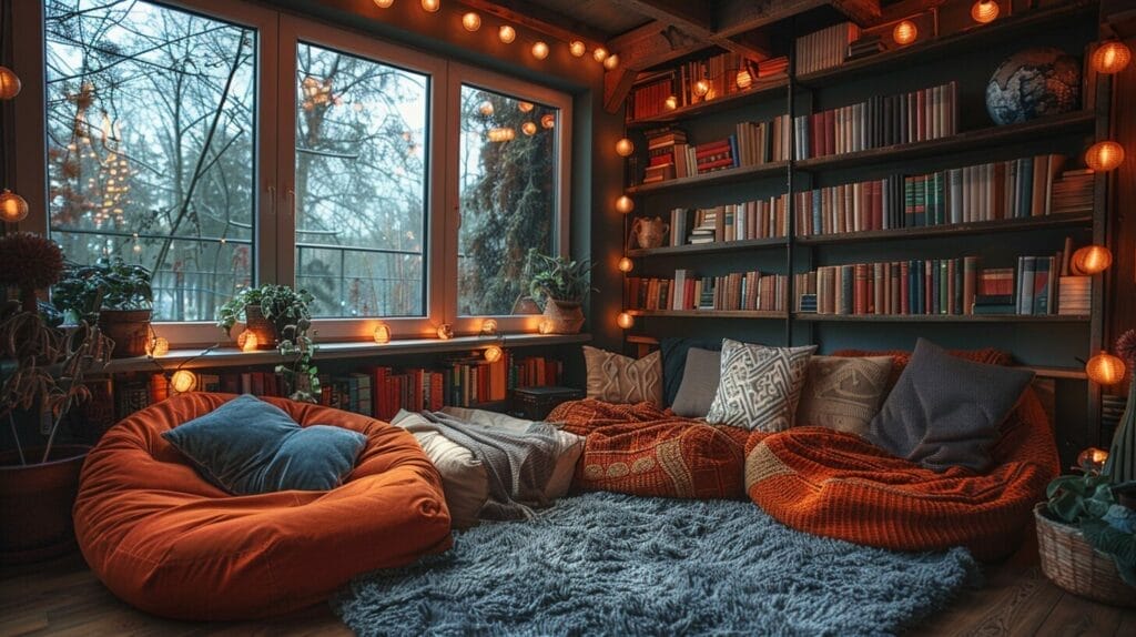 A cozy living room with string lights enhancing a reading nook and decor accents.