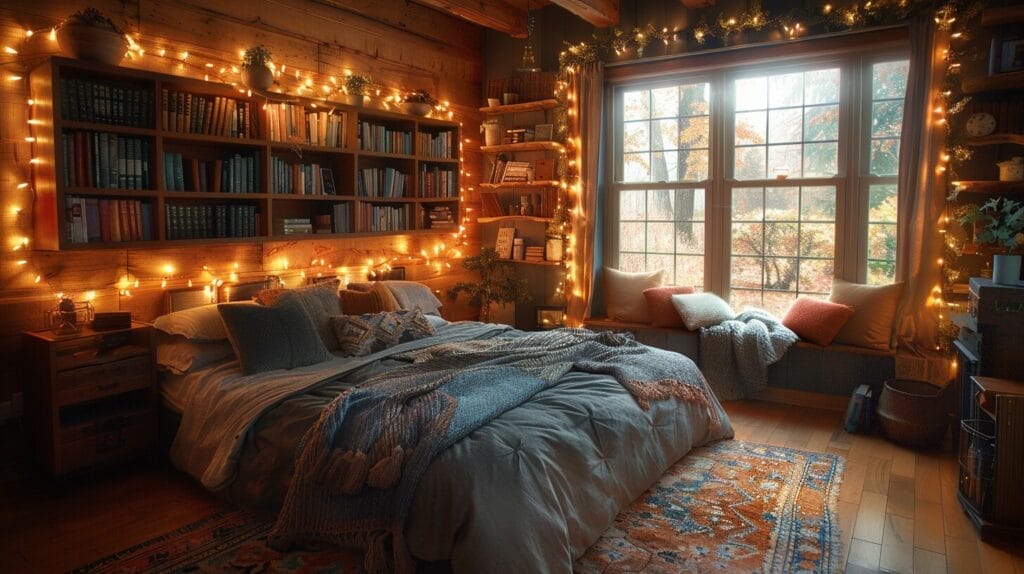 A cozy room with string lights draped over the bed's headboard, around a bookshelf, and from the ceiling.