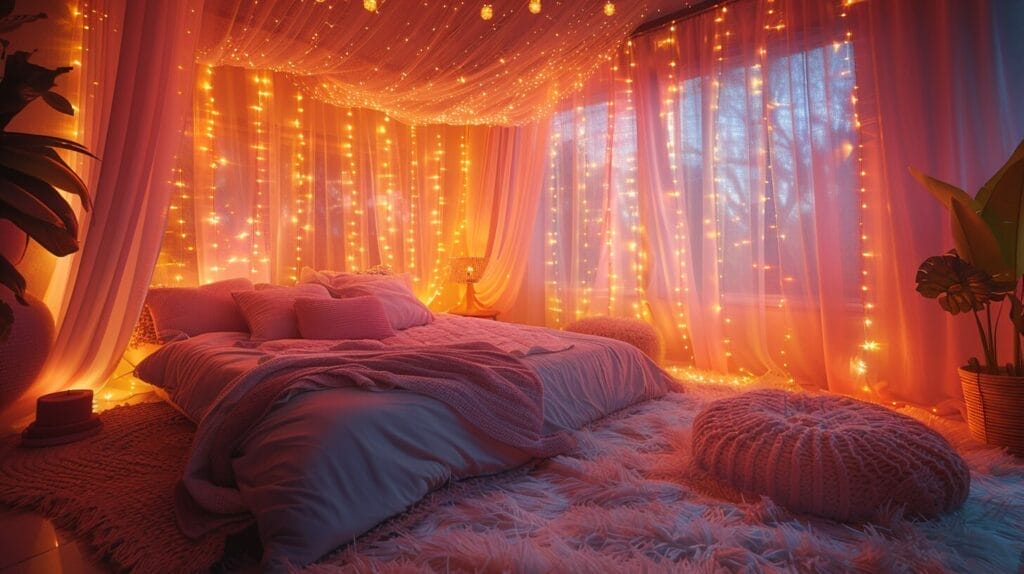 A fairy-tale-styled bedroom with twinkling string lights, soft pillows, and a fluffy rug.