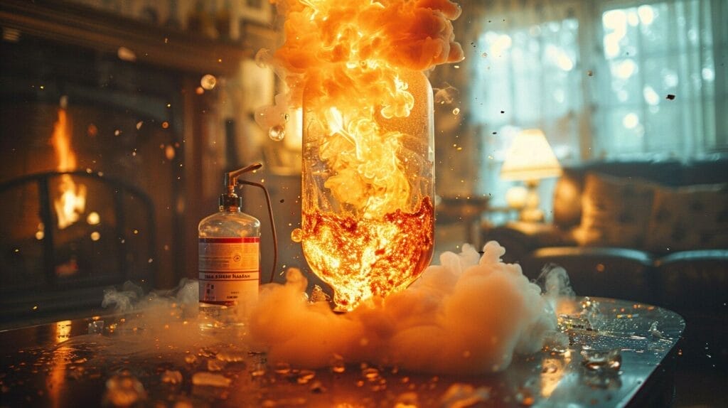 A lava lamp tipping over in a living room, spilling hot wax, with a hand reaching for a fire extinguisher amidst broken glass and rising smoke.